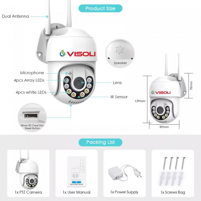 Camera de supraveghere WIFI Visoli® A10 Pro, 5MP, exterior/interior, Ultra HD 2K, 4X zoom, rotire, leduri lumina, comunicare bidirectionala
