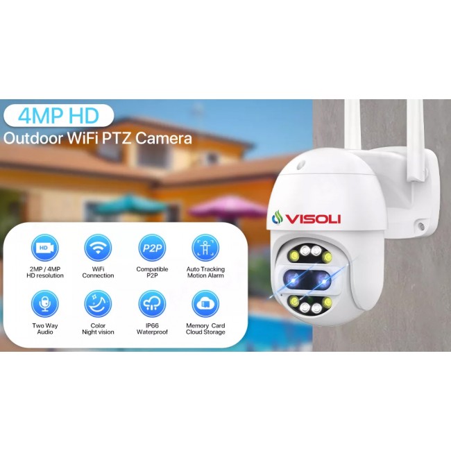 Camera de supraveghere WIFI Visoli® A8 Pro, 2 Lentile, Zoom optic 8X, exterior/interior, Full HD 2K, rotire din aplicatie, leduri lumina