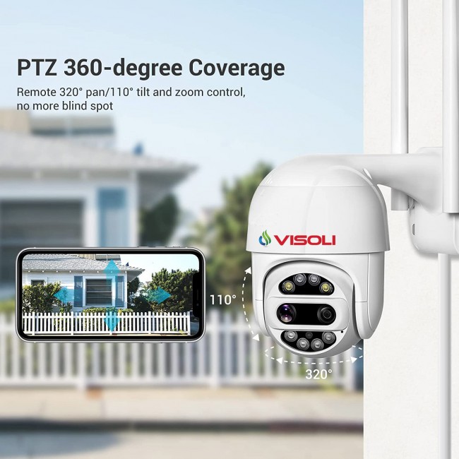 Camera de supraveghere WIFI Visoli® A8 Pro, 2 Lentile, Zoom optic 8X, exterior/interior, Full HD 2K, rotire din aplicatie, leduri lumina