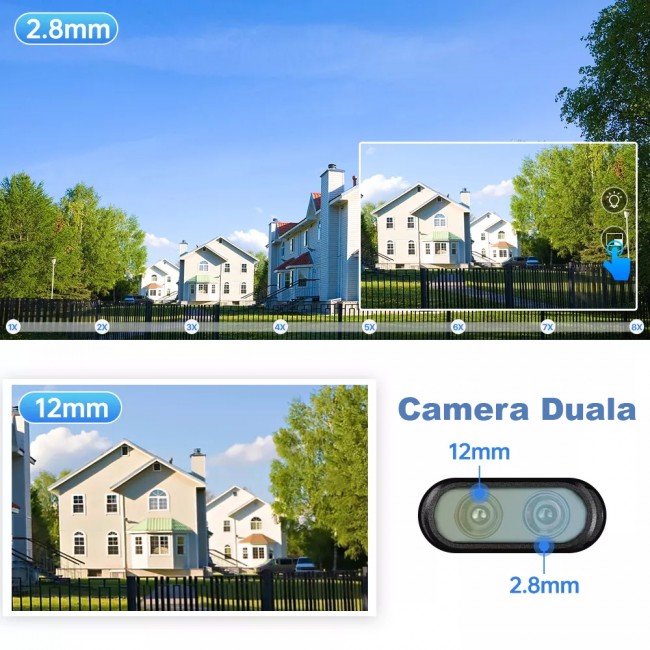 Camera de Supraveghere Tripla WIFI Visoli® P10 PRO Zoom, 3 Lentile, 12MP, exterior/interior, 4K, 8X Zoom, Rotire, Leduri Lumina