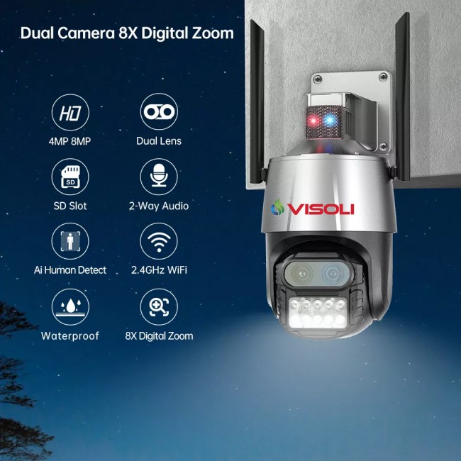 Camera de supraveghere WIFI Visoli® P10-PRO, 2 Lentile, Zoom 8X, exterior/interior, Full HD 4K, rotire din aplicatie, leduri lumina