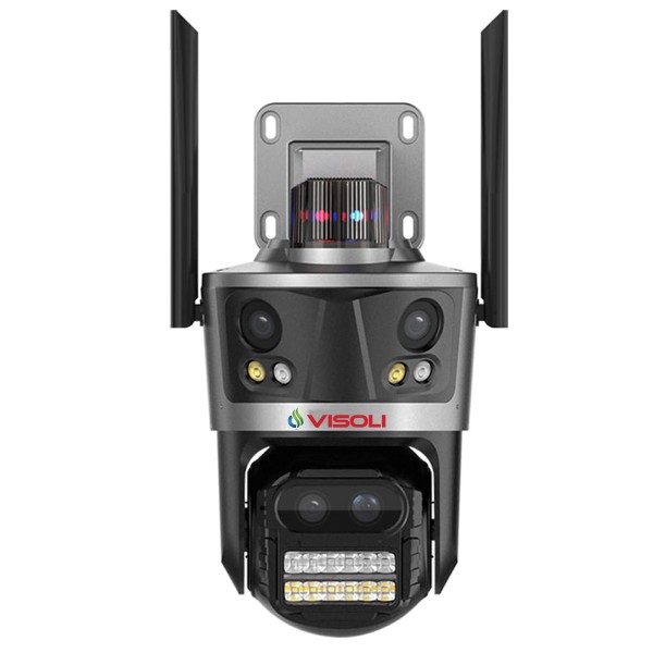Camera de Supraveghere Tripla WIFI Visoli® P11 Zoom, 12MP Rezolutie 6KUHD, Exterior, Zoom 8X, Compatibila Alexa, NVR, Comunicare Bidirectionala, Led Alarma