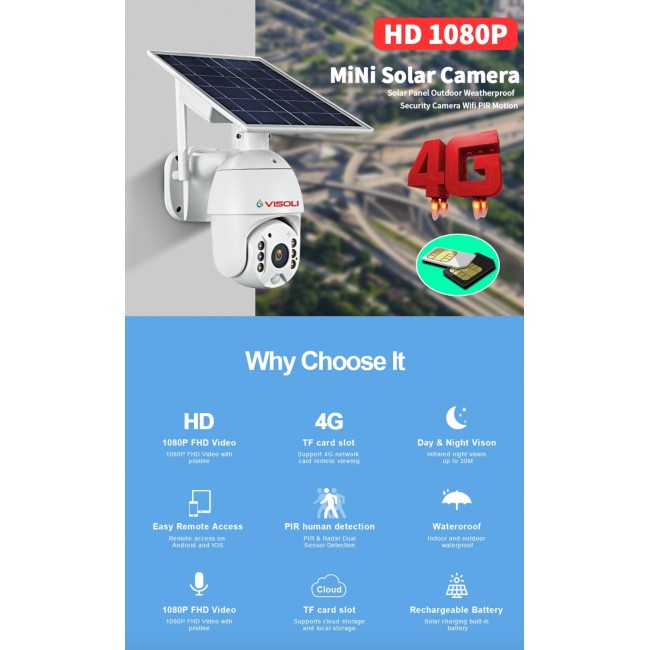 Camera de supraveghere Sim 4G Visoli® VS-S10-4G, 2MP 1080p, de exterior, Full HD, Panou solar, Rotire din aplicatie, rezistenta la apa