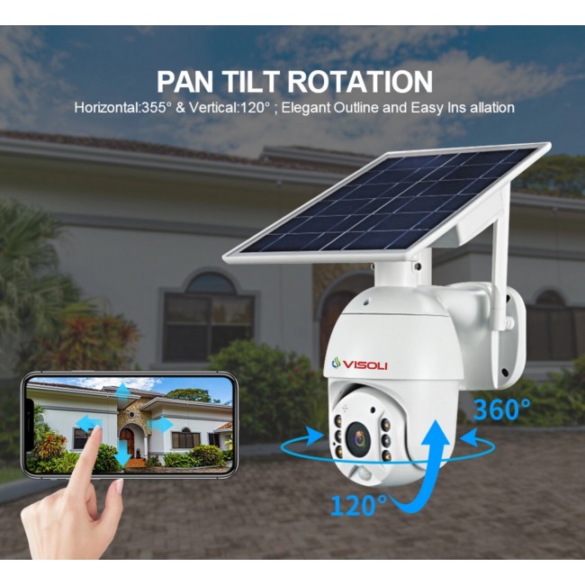 Camera de supraveghere WIFI Visoli® VS-S10, 2MP 1080p, de exterior, Full HD, Panou solar, Rotire din aplicatie, rezistenta la apa