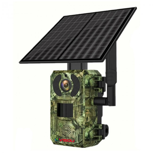 Camera de Vanatoare cu Panou Solar Sim 4G Visoli® H10, Lentila 4MP, Rezolutie 2K, Trail Camera & Camuflaj, rezistenta la apa si insecte