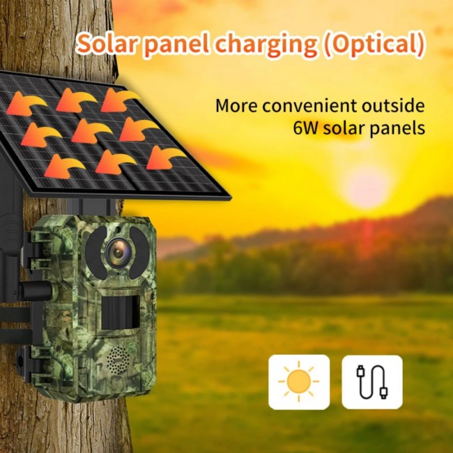 Camera de Vanatoare cu Panou Solar Sim 4G Visoli® H10, Lentila 4MP, Rezolutie 2K, Trail Camera & Camuflaj, rezistenta la apa si insecte