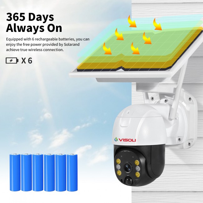 Camera de supraveghere WIFI Visoli® VS-S10-Plus,Lentile SONY, 3MP Full HD 2K, de exterior,Senzor Detectie Umana, Panou solar