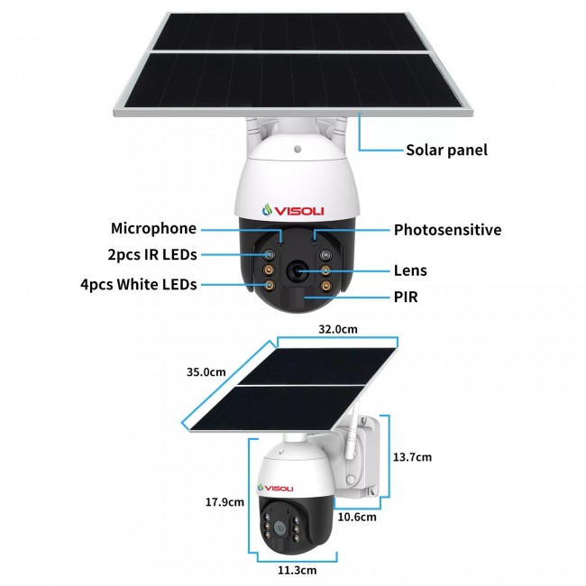 Camera de supraveghere Sim 4G Visoli® VS-S100-4G, 2MP 1080p, Zoom 4X, Inregistrare Non-Stop, Panou solar, Rotire din aplicatie, rezistenta la apa