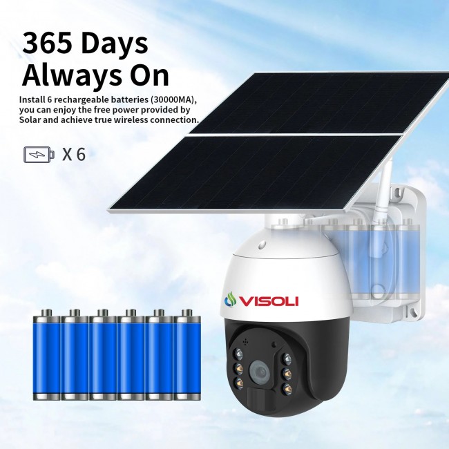 Camera de supraveghere Sim 4G Visoli® VS-S100-4G, 2MP 1080p, Zoom 4X, Inregistrare Non-Stop, Panou solar, Rotire din aplicatie, rezistenta la apa