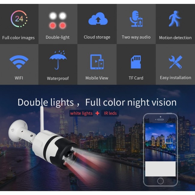 Camera de supraveghere WIFI Visoli® VS SC5, Full HD 1080p, de exterior, Night vision, Senzor miscare, alb Camera de supraveghere WIFI Visoli® VS SC5, Full HD 1080p, de exterior, Night vision, Senzor miscare, alb